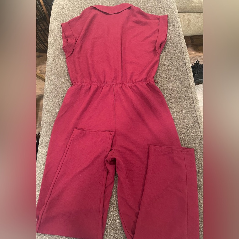 No Boundaries Raspberry Short-Sleeve Button Front Jumpsuit - Picture 4 of 4